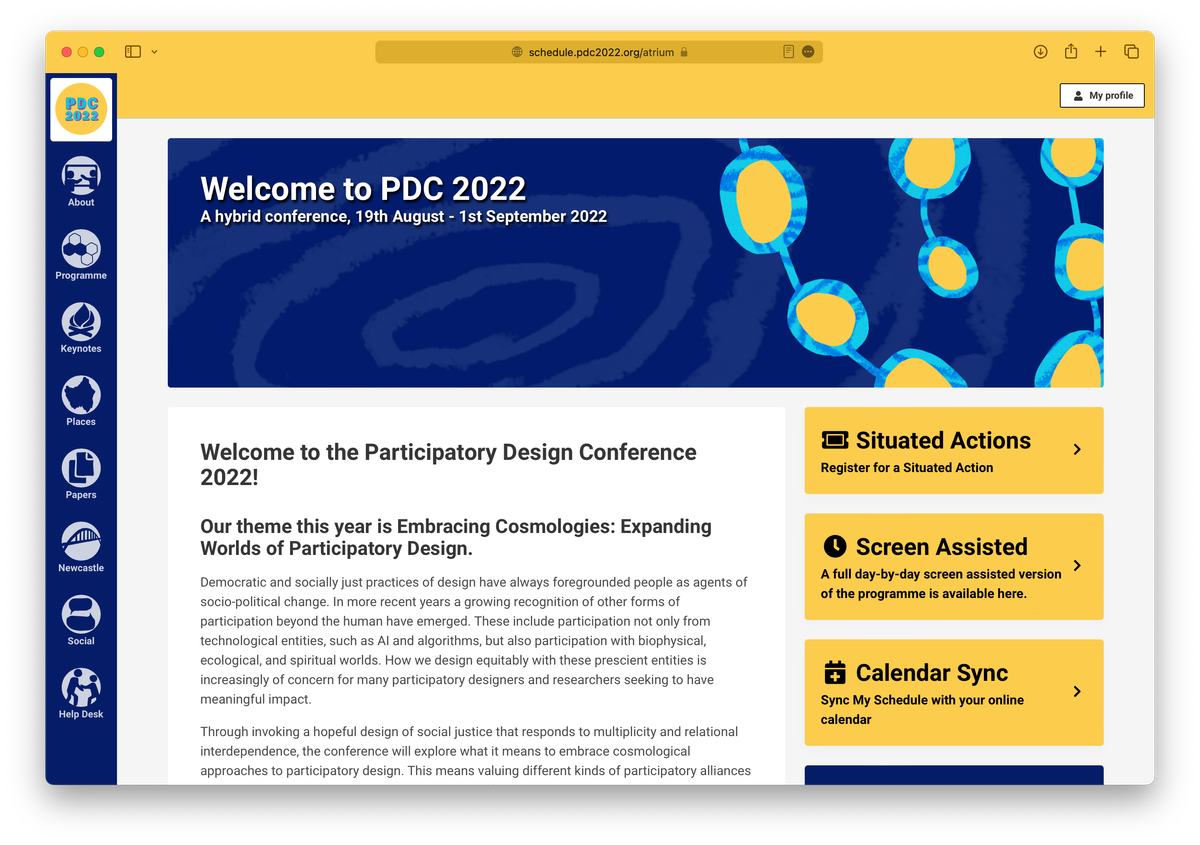 The PDC atrium, with introductory information and quick links to external resources.