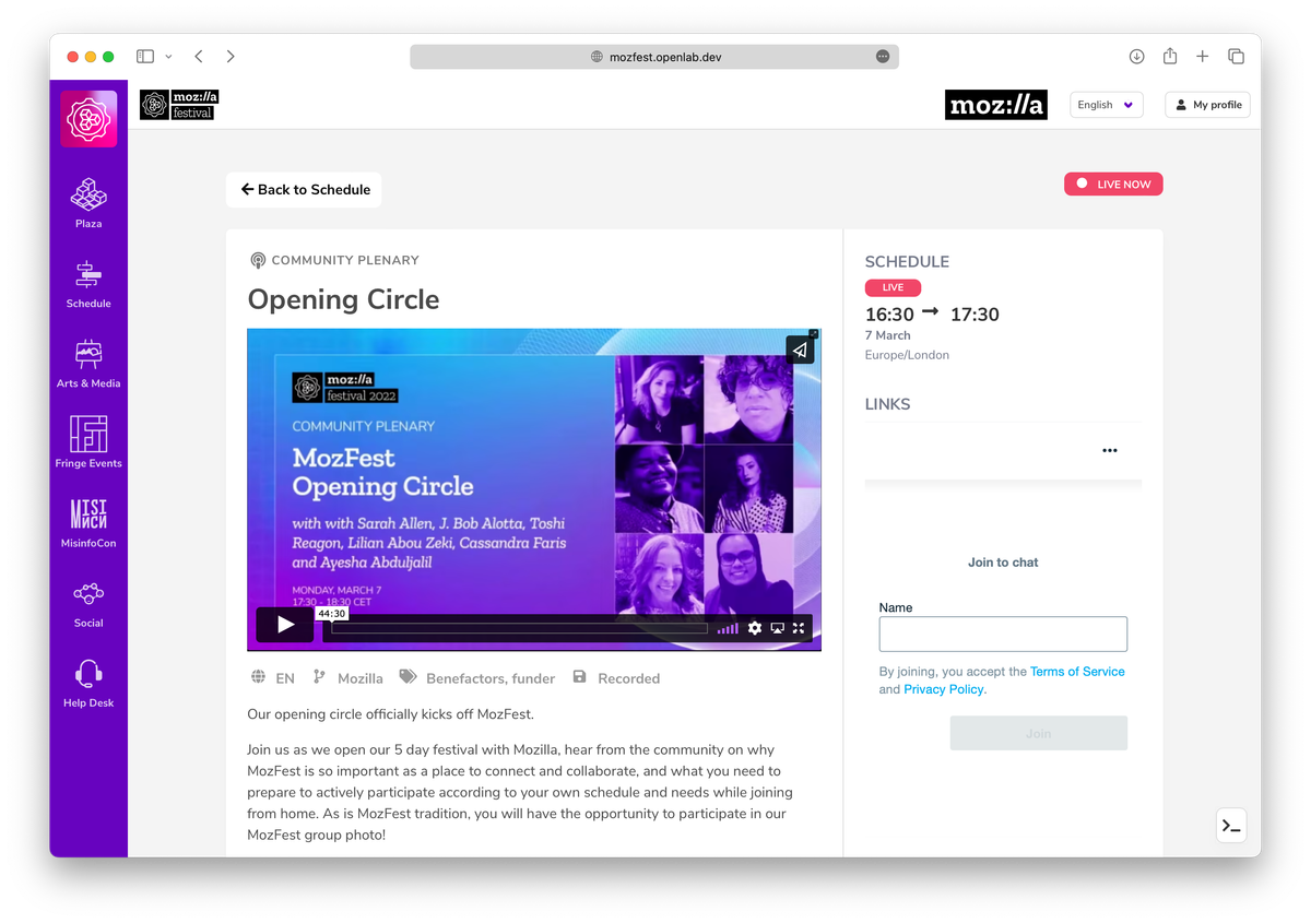 The live Opening Circle at MozFest 2022 with video and embedded in the page.