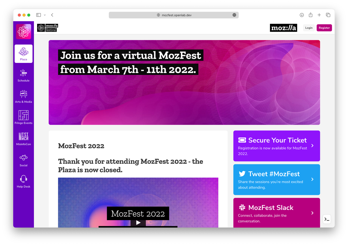 The MozFest '22 Plaza, reimagined from the Climate:Red atrium with more widgets.