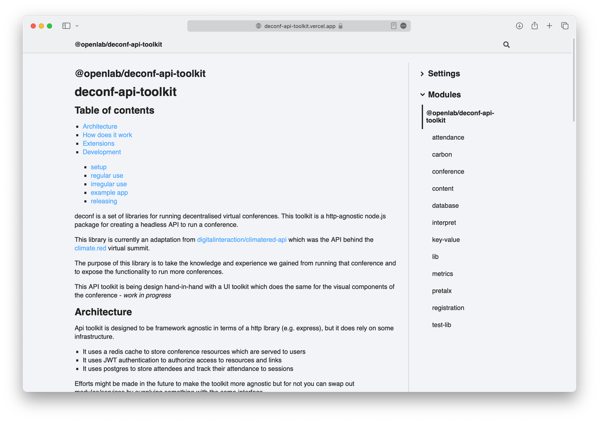 The API documentation, generated using typedoc. Used to explore the API.