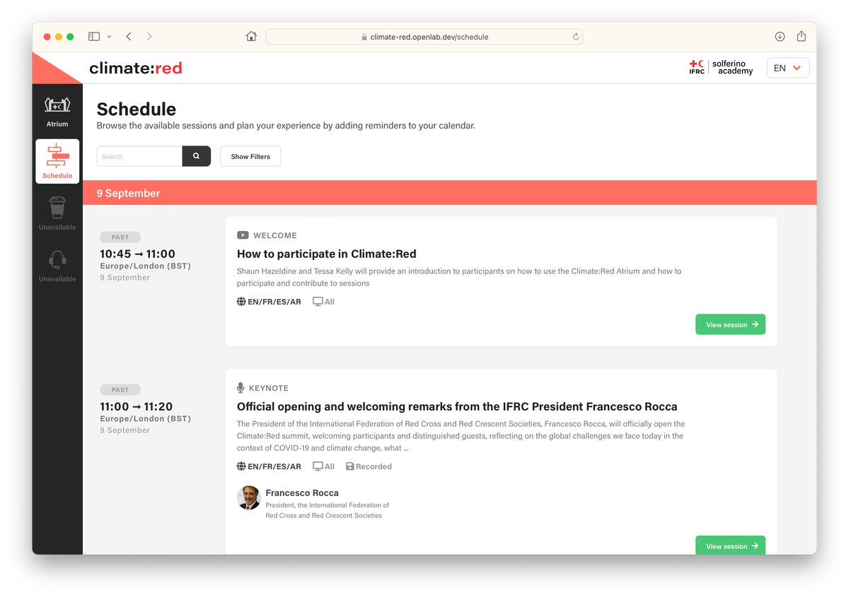The Climate:Red schedule, the home of the conference.