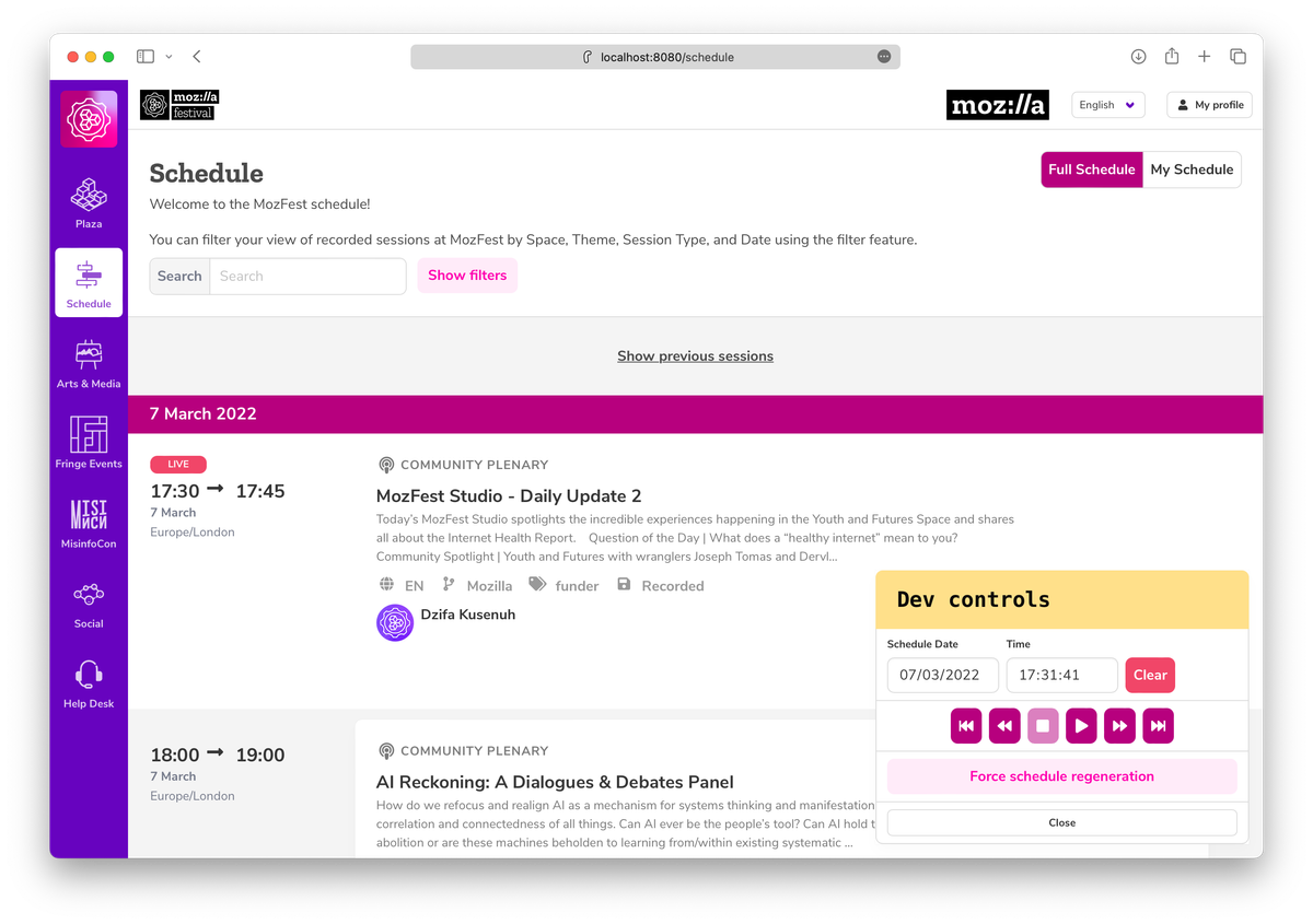 The schedule interface, showing live and upcoming sessions and the secret dev control.